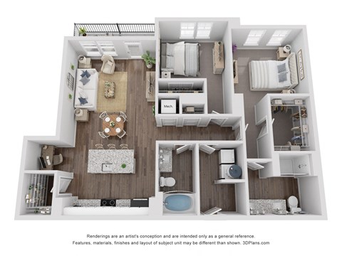 Floor plan for 2 beds, 2 baths, 1157 sqft